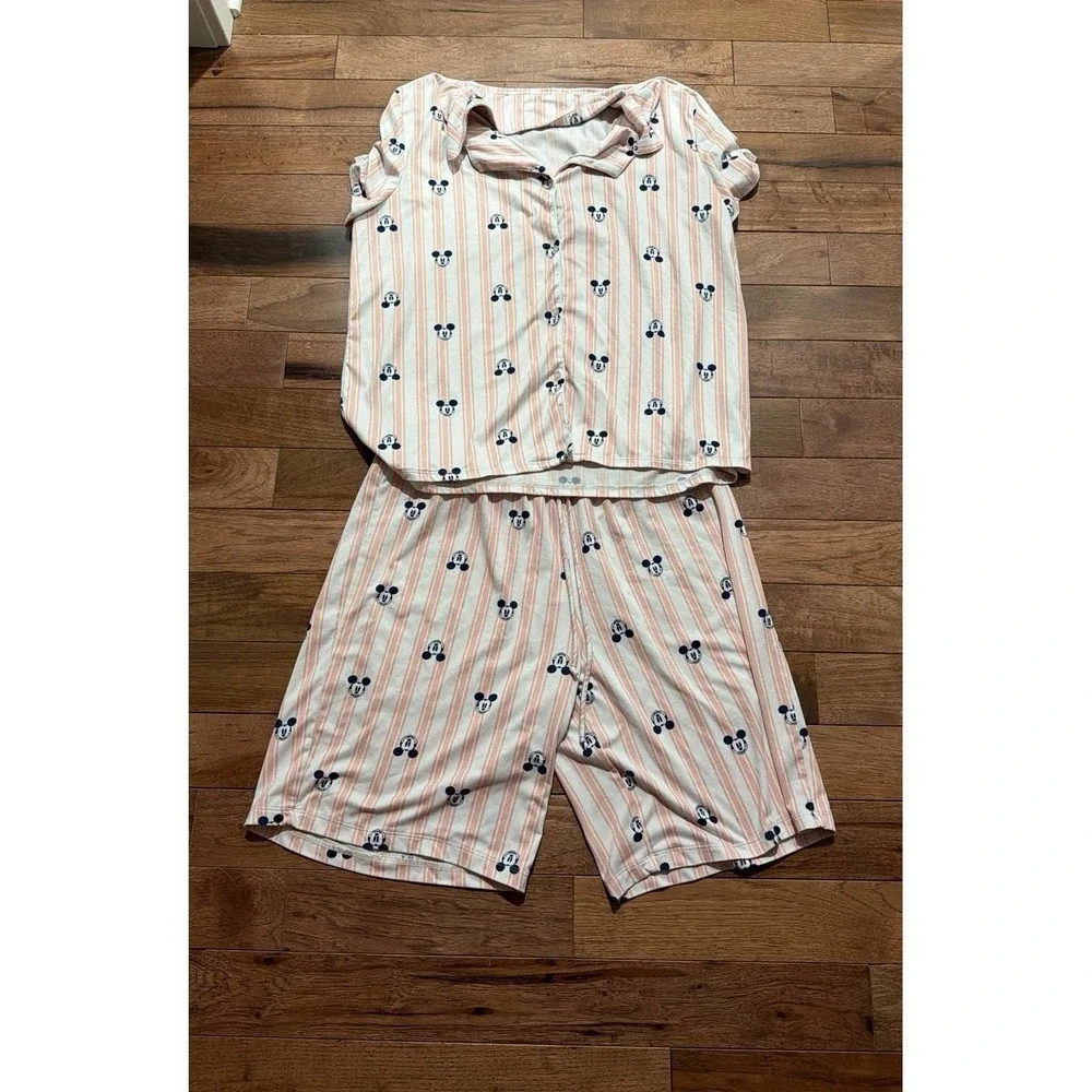 Mickey Mouse Pink White Stripped Pajamas Set Shorts Top Medium - Picture 1 of 4
